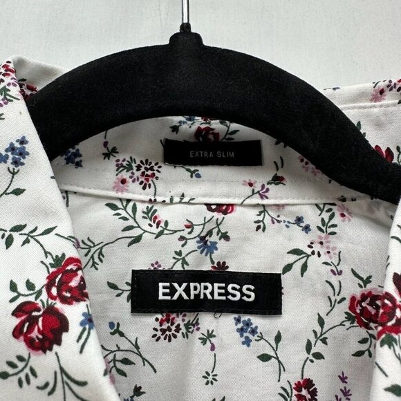 Express Blouse Womens Sz L Extra Slim Shirt Floral Button Front Cotton White - Picture 7 of 12